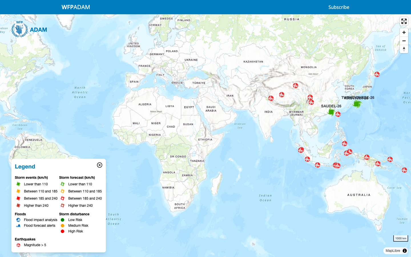 The ADAM Live Map on first load: world view, legend bottom-left, map controls top-right, Subscribe link in the header