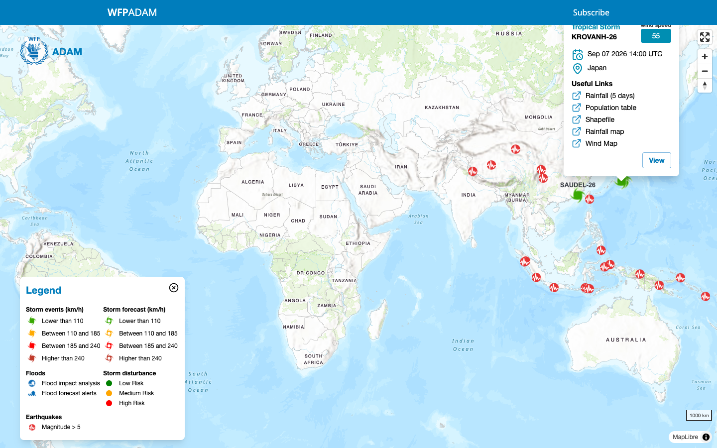 Tropical storm popup: storm name, wind speed badge, date, country and five product links