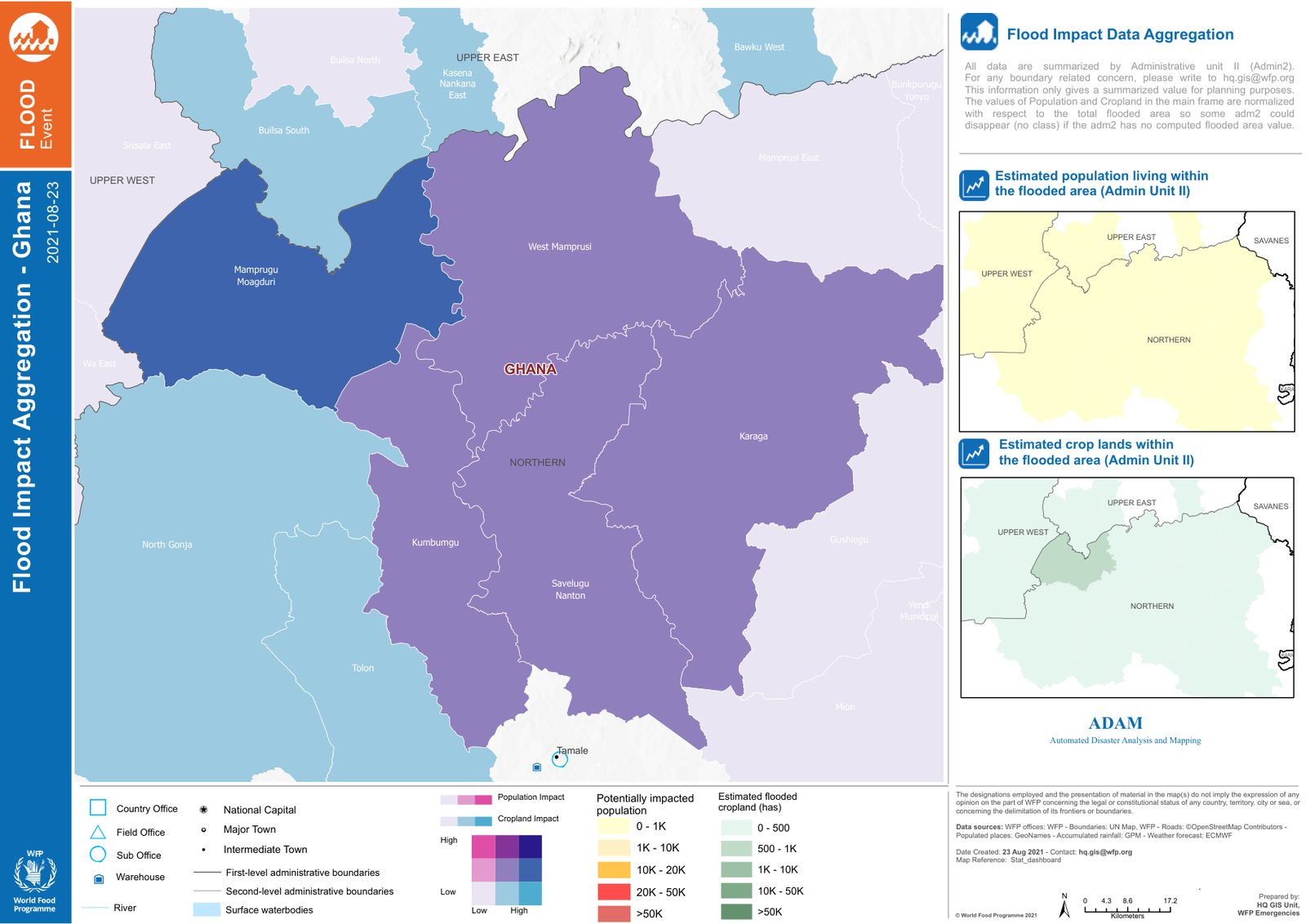 Flood event report page 2: choropleth maps of potentially impacted population and flooded cropland by second-level administrative unit