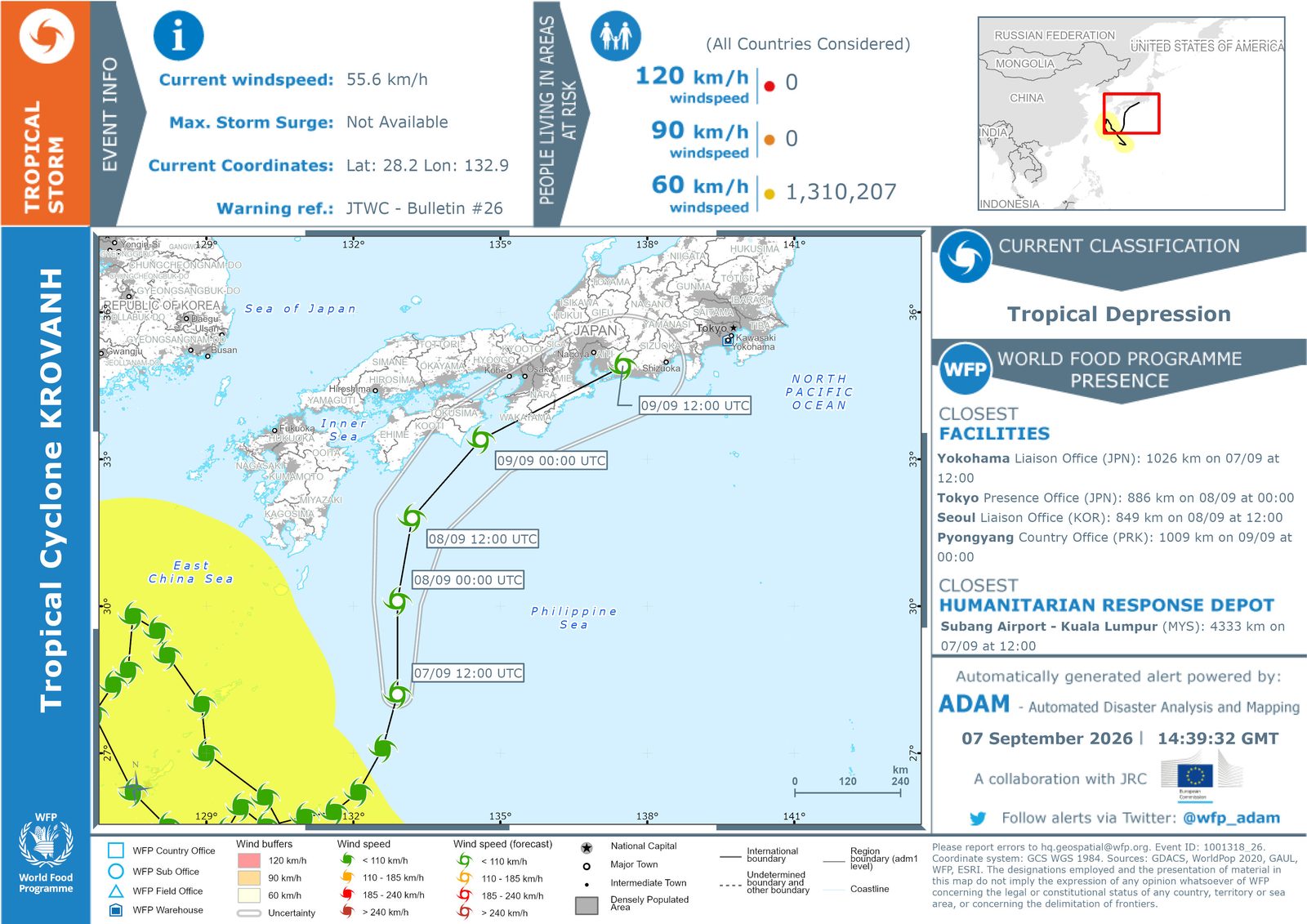 Tropical storm wind map: event info, people living in areas at risk by wind speed, storm classification, closest WFP facilities and humanitarian response depot, track with forecast positions and uncertainty cone