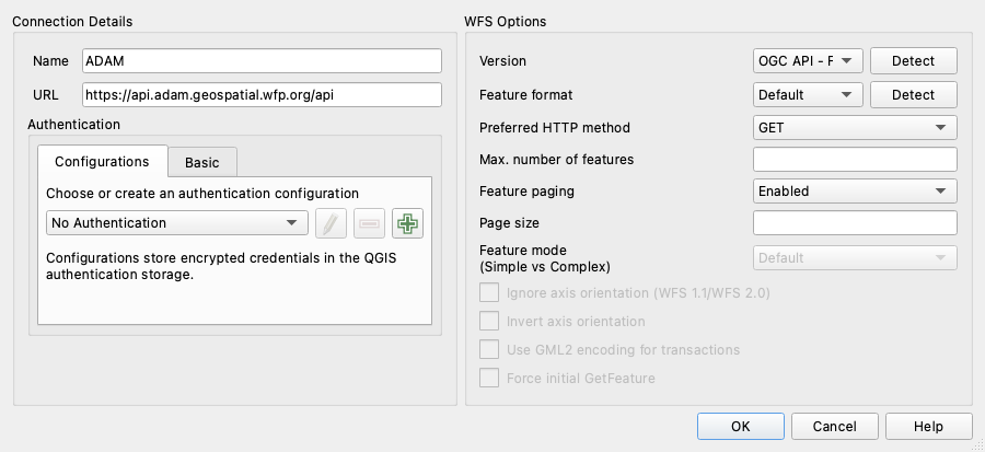 Create a New WFS Connection dialog filled in for ADAM: name, URL and version set to OGC API - Features